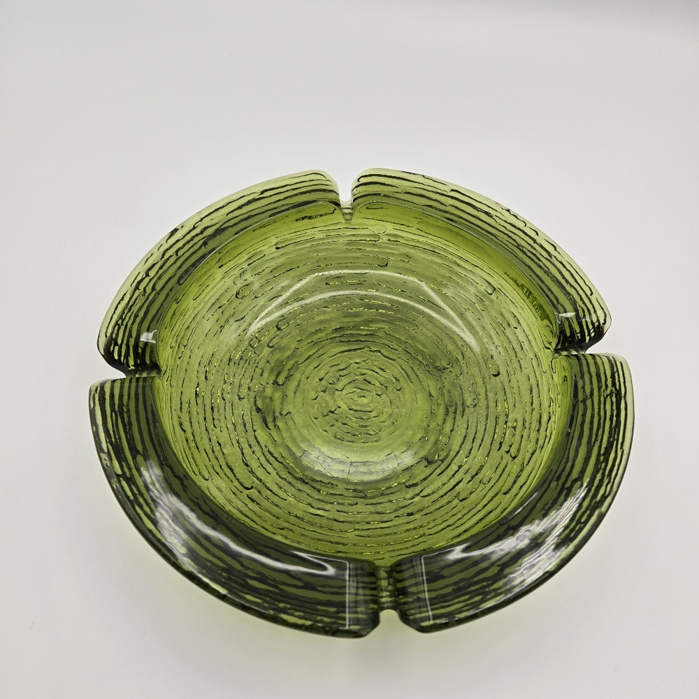 Vintage MCM Avocado Green Textured Glass Large Thick Heavy Ashtray